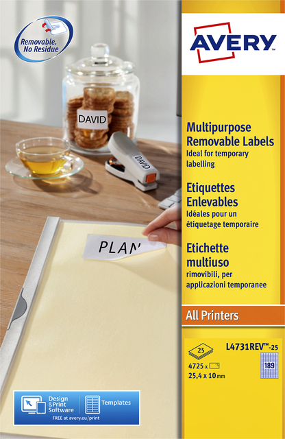 Etiket Avery L4731REV-25 25.4x10mm wit 4725 etiketten