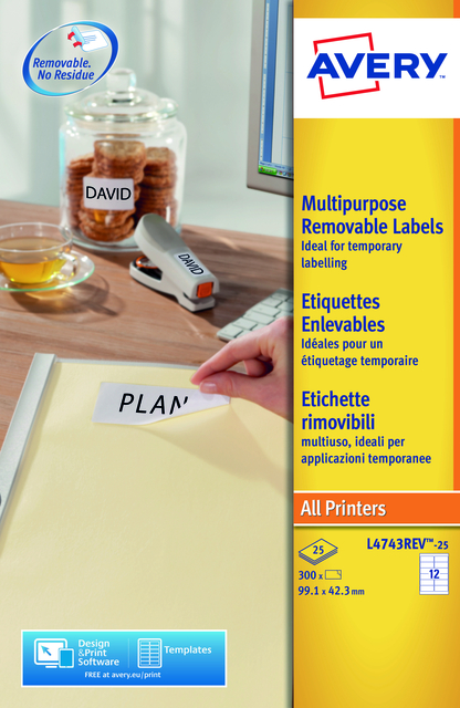 Etiquette Avery amovible L4743REV-25 99,1x42,3mm 300 pièces