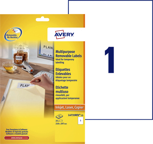Etiquette Avery amovible L4735REV-25 210x297mm A4 25 pièces