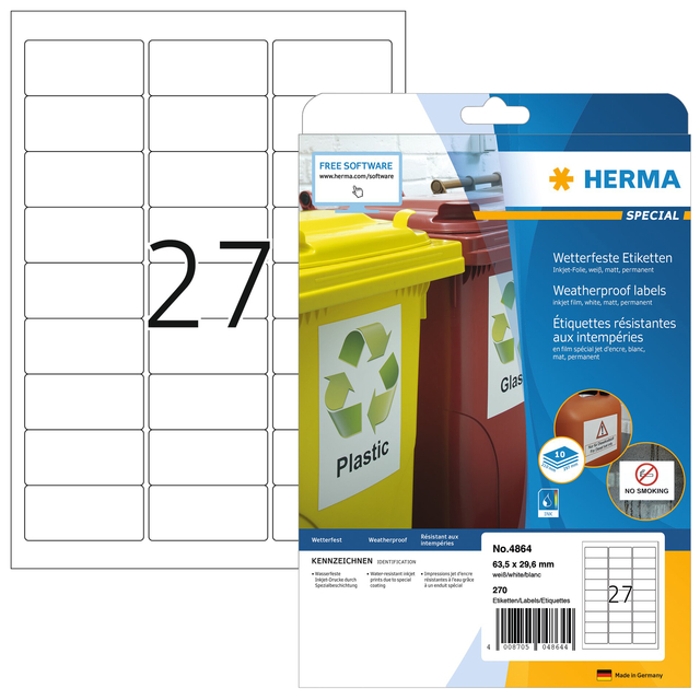 Etiket HERMA 4864 63.5x29.6mm weerbestendig wit 270 stuks