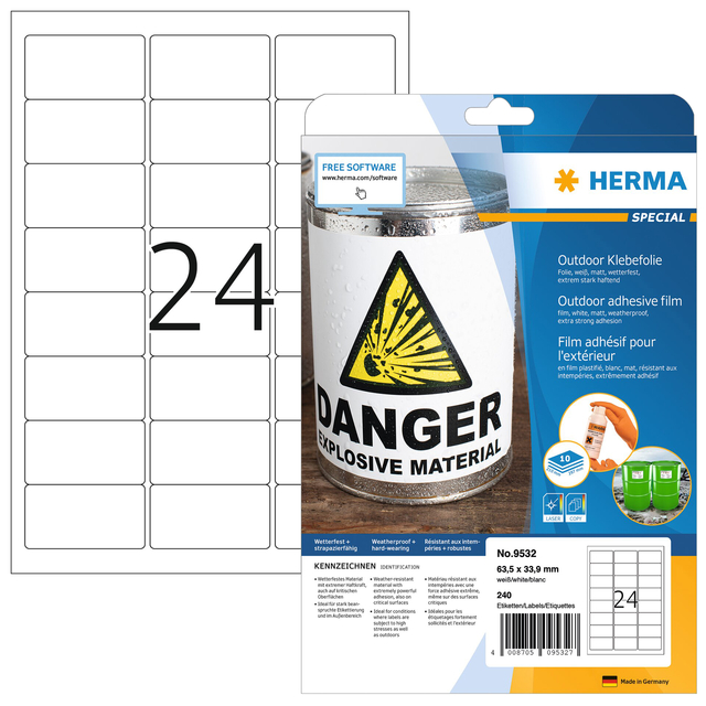 Etiquette film HERMA 9532 63,5x33,9mm résistante intempéries blanc 240 pièces