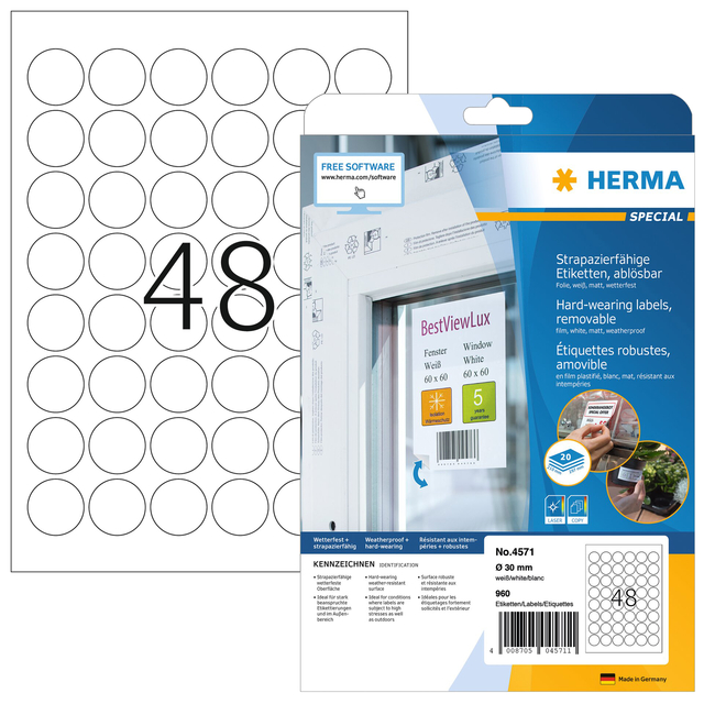 Etiket HERMA 4571 30mm rond folie wit 960 stuks