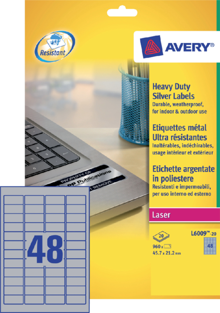 Etiquette  Avery L6009-20 45,7x21,2mm argent 960 pièces