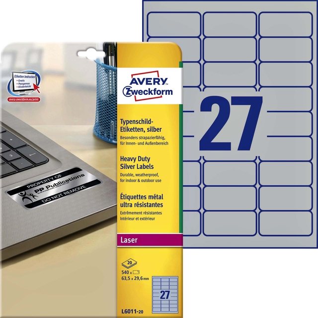 Etiquette Avery L6011-20 63,5x29,6mm argent 540 pièces
