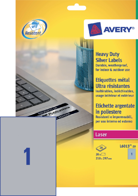 Etiquette  Avery L6013-20 210x297mm argent 20 pièces