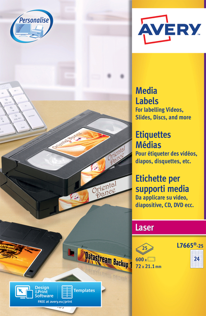 Etiket Avery L7665-25 72x21.2mm voor media tape's 600 etiketten