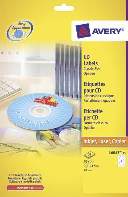 Etiquette CD Avery L6043-25 blanc 50 pièces