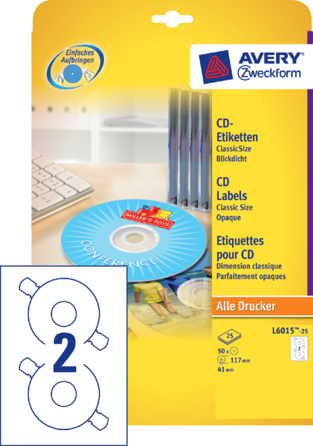 Etiket Avery  Zweckform L6015-25 CD wit 50stuks
