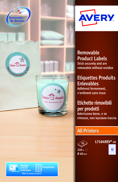 Etiquette amovible Avery L7104REV-20 60mm rond blanc 240 pièces