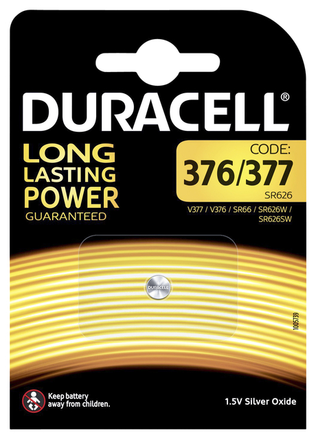 Pile bouton Duracell 377 oxyde d’argent Ø6,8mm 1,5V-18mA