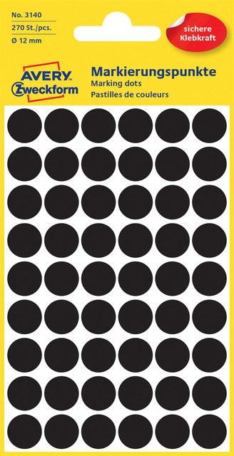 Etiket Avery Zweckform 3140 rond 12mm zwart 270 etiketten