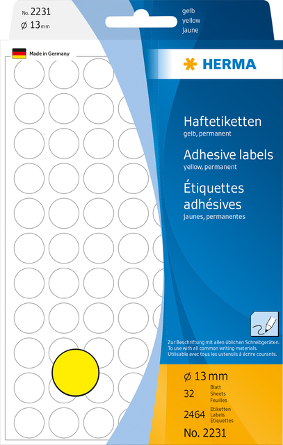 Etiquette HERMA 2231 rond 13mm jaune 2464 pièces
