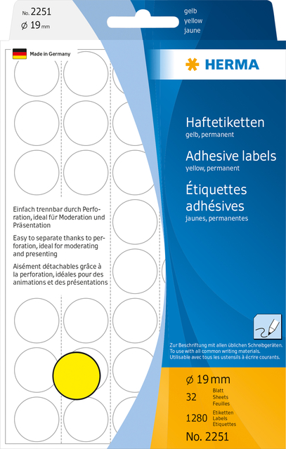 Etiquette HERMA 2251 rond 19mm jaune 1280 pièces