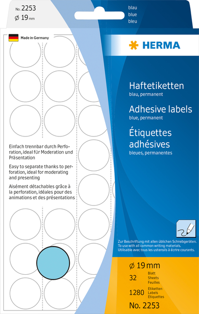 Etiquette HERMA 2253 rond 19mm bleu 1280 pièces