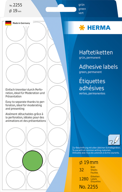 Etiquette HERMA 2255 rond 19mm vert 1280 pièces