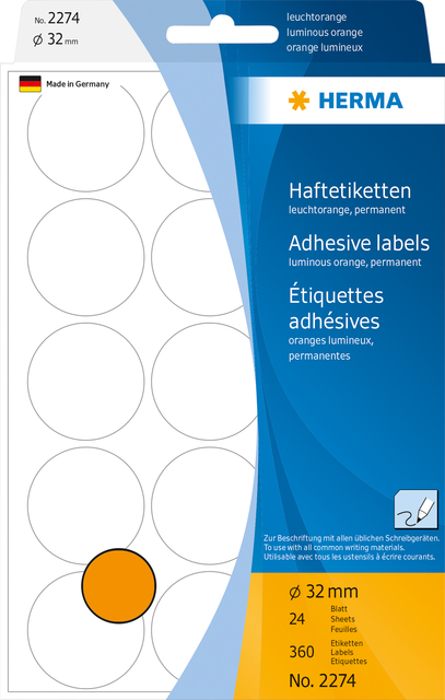 Etiquette HERMA 2274 rond 32mm orange fluo 480 pièces