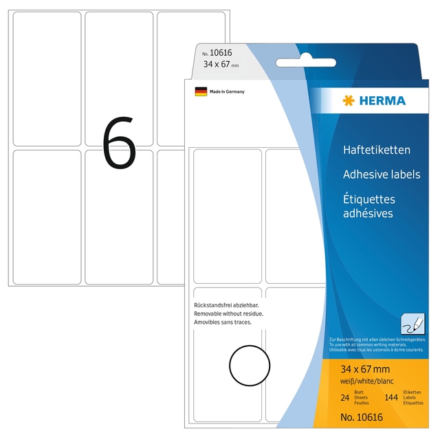 Etiquette amovible HERMA 10616 34x67mm blanc 144 pièces