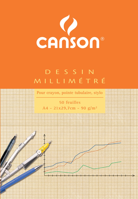 Bloc de papier millimétré Canson A4 impression marron clair 50 feuilles 90g blanc