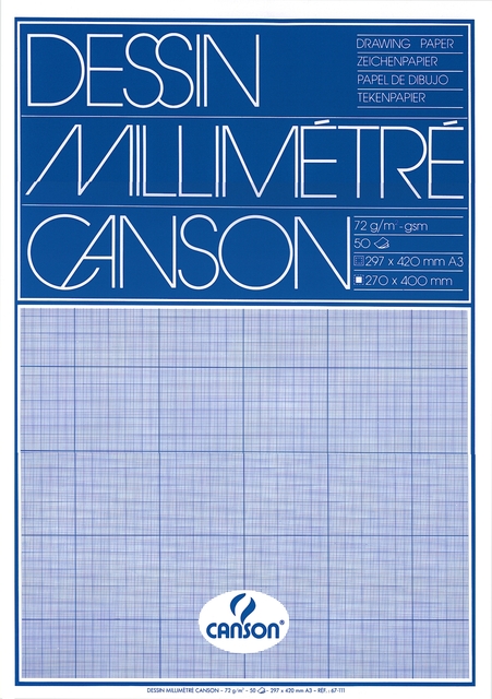 Millimeterpapier Canson lichtblauw bedrukt 50vel 72gr A3 wit