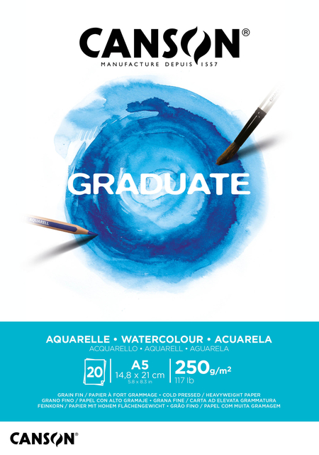 Aquarelpapier Canson Graduate Watercolour 20vel 250gr A5 natuurlijk wit