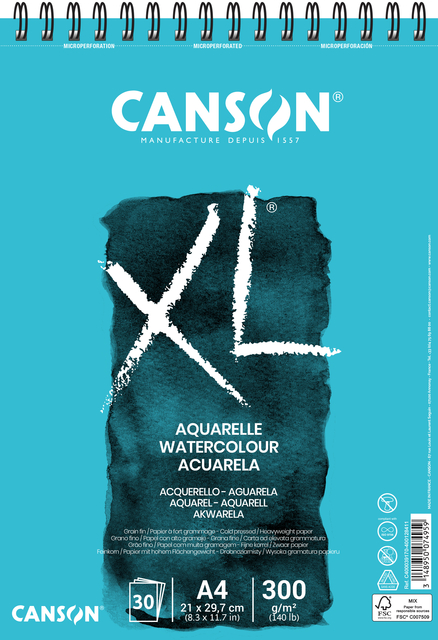 Bloc aquarelle Canson XL A4 30 feuilles 300g spirale blanc