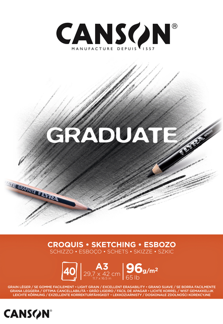 Schetspapier Canson Graduate Sketch 40vel 96gr A3 natuurlijk wit