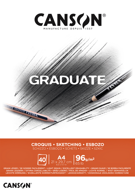 Schetspapier Canson Graduate Sketch 40vel 96gr A4 natuurlijk wit