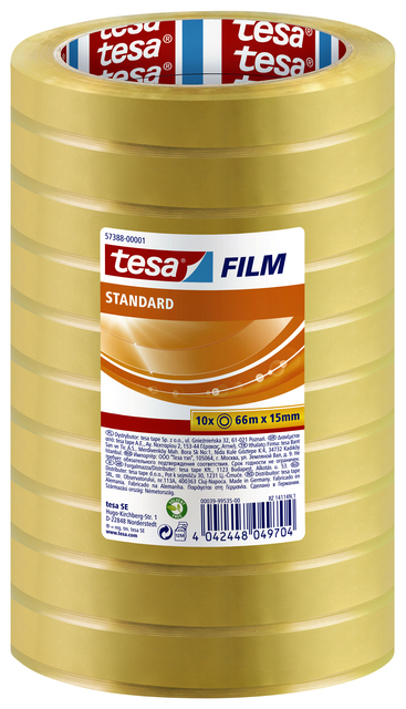 Plakband tesafilm® standaard 66mx15mm transparant 10 rollen