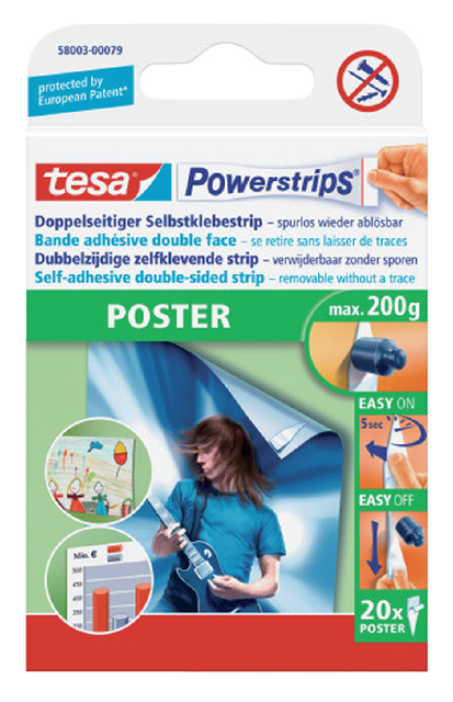 Bande adhésive double face tesa Powerstrips® Poster blister 20 pièces