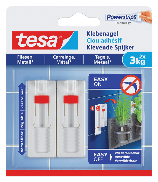 Clou adhésif tesa® Carrelage & Métal réglable 3kg blanc 2 pièces