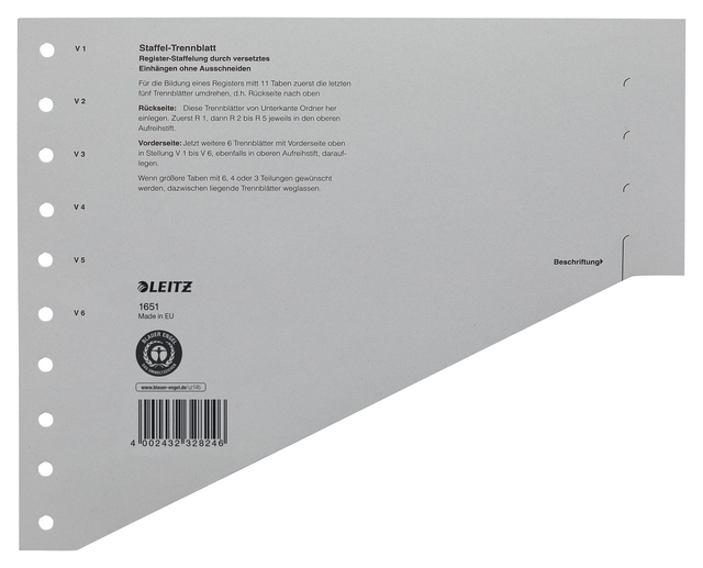 Intercalaires Leitz A4 carton 200g 11 perforations gris 100 pièces