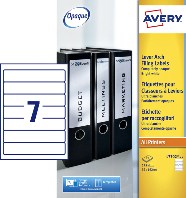 Etiquette dorsale Avery Small 39x192mm adhésive étroite blanc 25 feuilles