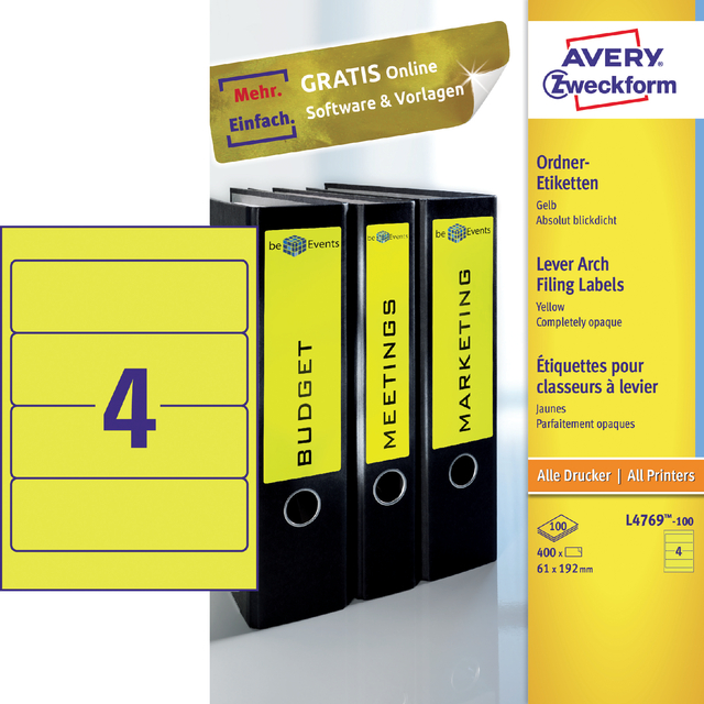 Etiquette dorsale Avery Large 61x192mm adhésive jaune 100 feuilles