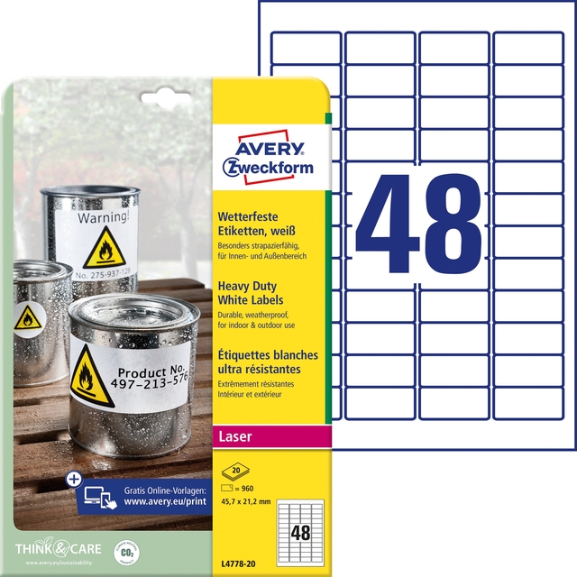 Etiquette Avery L4778-20 45,7x21,2mm polyester blanc 960 pièces