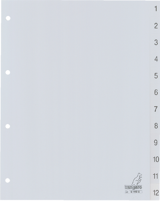 Intercalaire Kangaro G412C A4 4 perforations numéro 1-12 PP gris