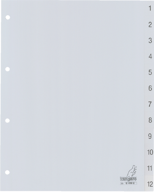 Intercalaire Kangaro G412C A4 4 perforations numéro 1-12 PP gris