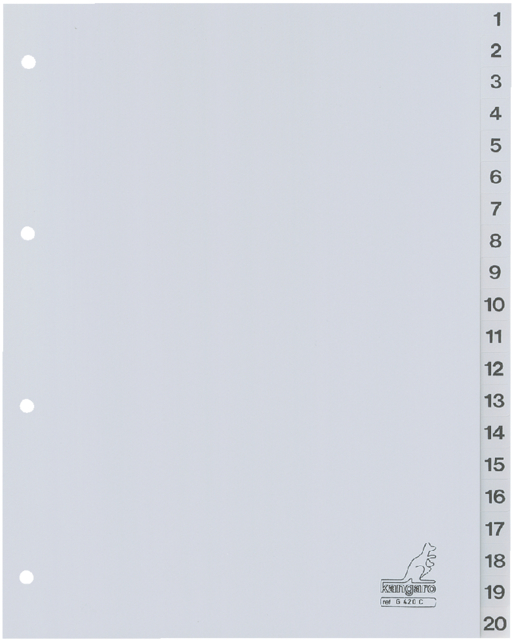 Intercalaire Kangaro G420C A4 4 perforations numéro 1-20 PP gris