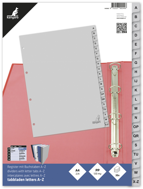 Intercalaire Kangaro G420AZ A4 4 perforations 20 onglets A-Z PP gris