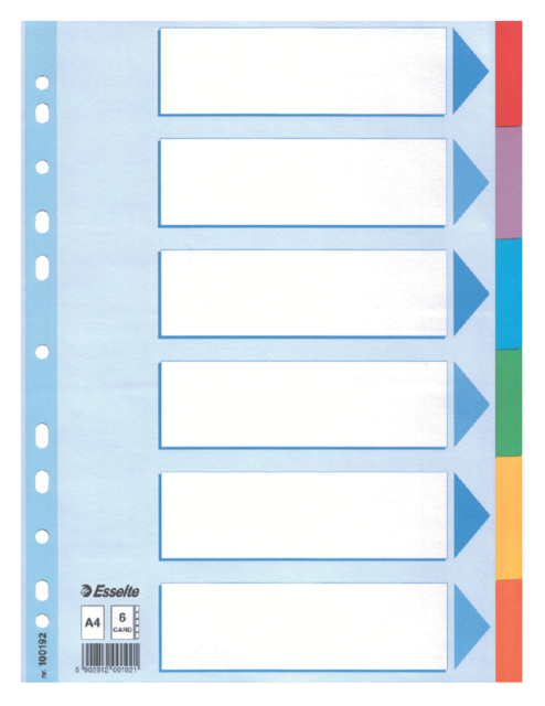 Intercalaire Esselte Standart A4 6 onglets 11 perf carton assorti