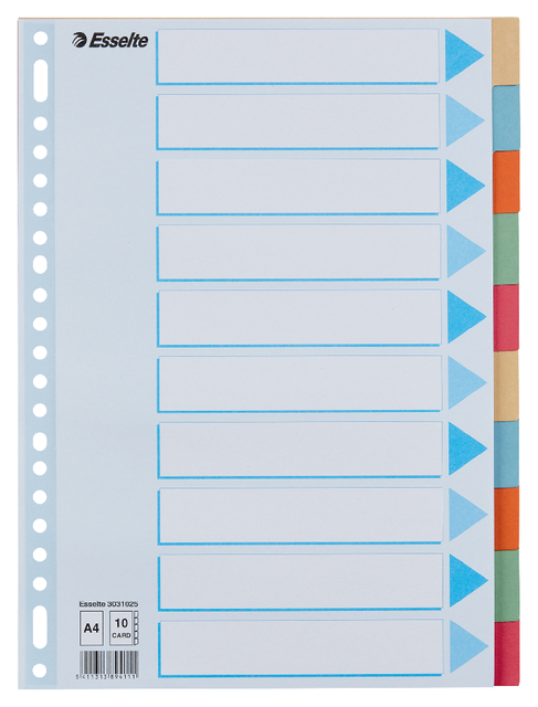 Intercalaire Esselte Premium A4 10 onglets 23 perf carton assorti