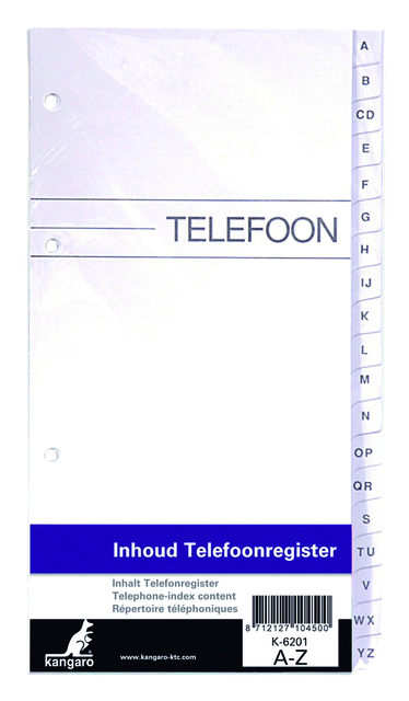 Recharge répertoire téléphonique Kangaro 200x100mm  A-Z 4 anneaux