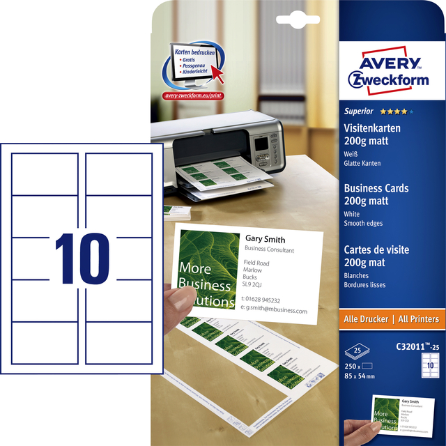 Carte de visite Avery C32011-25 85x54mm 200g 250 pièces