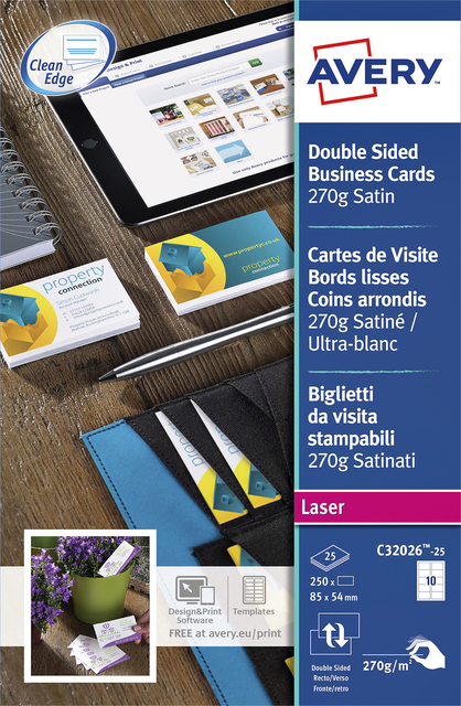Carte de visite Avery C3026-25 2-faces 270g 250 pièces