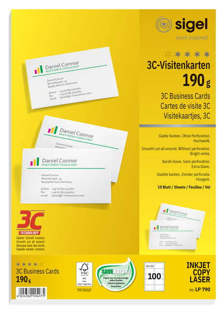 Cartes de visite Sigel 85x55mm uni 190g coins arrondis blanc 100 pièces