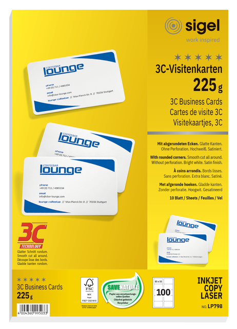 Cartes de visite Sigel 85x55mm uni 225g coins arrondis blanc 100 pièces