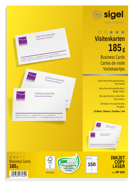 Cartes de visite Sigel 85x55mm uni 185g blanc 150 pièces