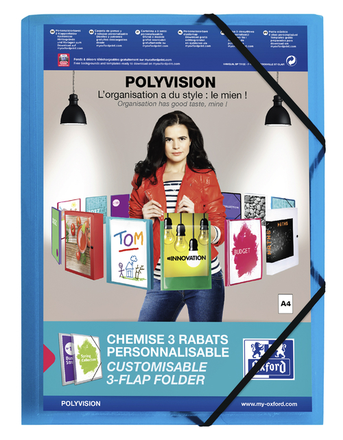 Chemise à élastique Oxford Polyvision A4 pochette d'insertion 3 rabats PP bleu