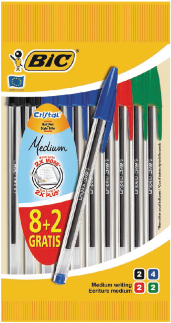 Stylo bille BIC Cristal Medium assorti sachet 8+2 gratuits