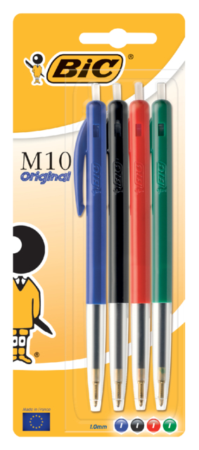 Balpen Bic M10 medium assorti blister à 4 stuks