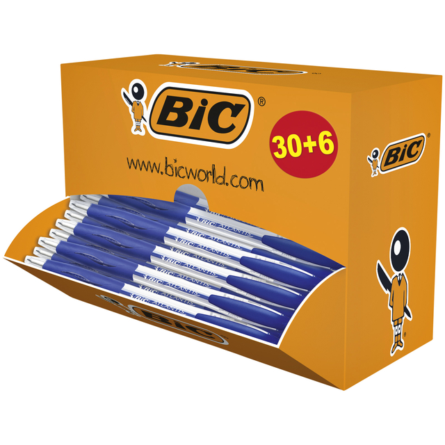 Stylo bille BIC Atlantis Classic Grip Clic Medium bleu lot économique 30+6 gratuits